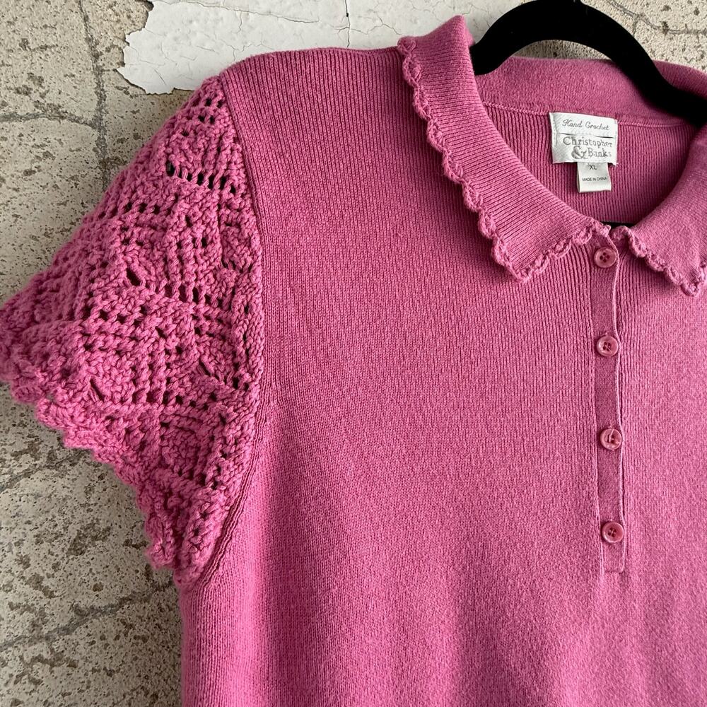 VTG Christopher & Banks Crochet Sleeve Knit Polo Top Berry XL Preppy Cottagecore